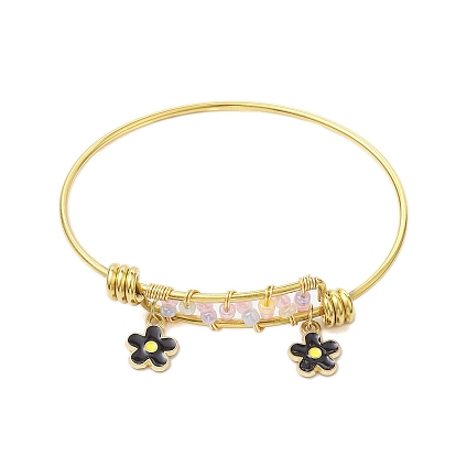 Glass Seed Beads & Stainless Steel Bangles with Black Flower for Women