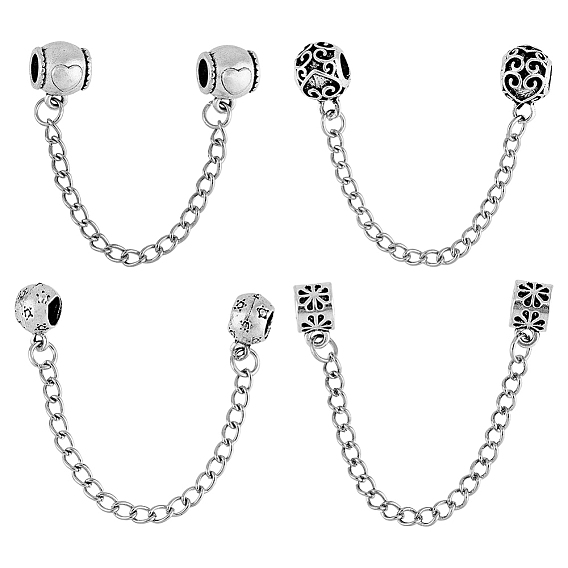 8шт 4 стили европейские бусины из цинкового сплава, с железными предохранительными цепями, бусины с большим отверстием, разнообразные