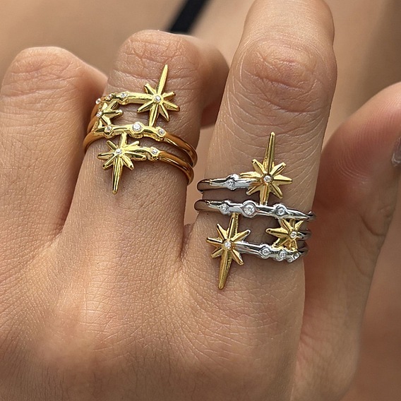 304 Bagues manchettes ouvertes en acier inoxydable serties de micro-pavés de zirconiums cubiques pour femmes, étoiles