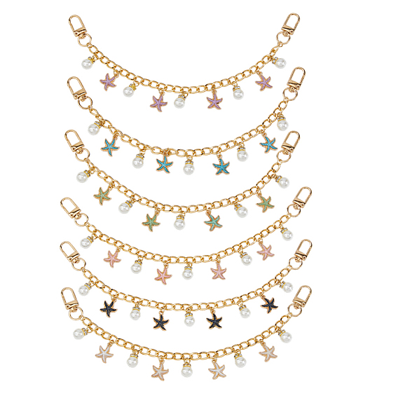 6 шт. 6 цвета сплав эмаль морская звезда и абс пластик жемчуг подвеска алюминиевый кабель цепочка сумка декоративные цепи, с поворотными застежками, аксессуары для замены сумок