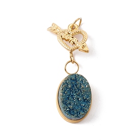 Electroplated Natural Druzy Quartz Pendants, with Ion Plating(IP) 304 Stainless Steel Findings, Blue Plated, Oval