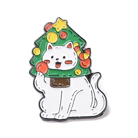 Cat with Christmas Tree Enamel Pin, Cartoon Alloy Badge for Backpack Clothes, Electrophoresis Black