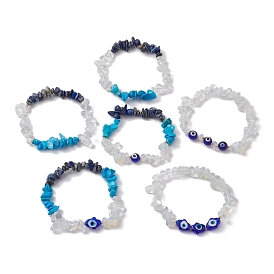 6Pcs 6 Style Natural & Synthetic Mixed Gemstone Stretch Bracelets Set, Lampwork Hamsa Hand & Evil Eye Stackable Bracelets