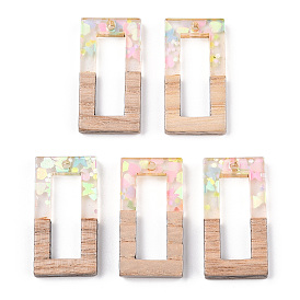 Transparent Resin & White Wood Pendants, Hollow Rectangle Charms with Paillettes