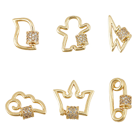 Brass Micro Pave Clear Cubic Zirconia Screw Carabiner Lock Charms, for Necklaces Making, Long-Lasting Plated, Mixed Shapes