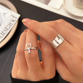 Minimalist Heart Key and Letter 2-Piece Set with Hollow Design - Fashionable Keys Embedded in Couple Rings