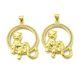 Real 18K Gold Plated Brass Pendants, with Cubic Zirconia, Flat Round with Leopard Charms