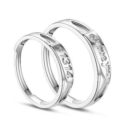 SHEGRACE Adjustable 925 Sterling Silver Engraved Couple Rings, 18mm and 19mm