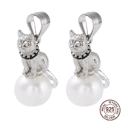 Rhodium Plated 925 Sterling Silver Micro Pave Cubic Zirconia Pendants, with Natural Pearl Beads, Cat Charms