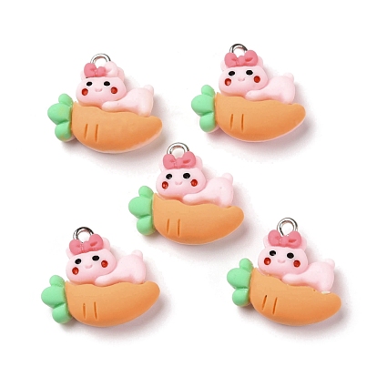 Opaque Resin Pendants, with Platinum Tone Iron Loops, Rabbit with Carrot