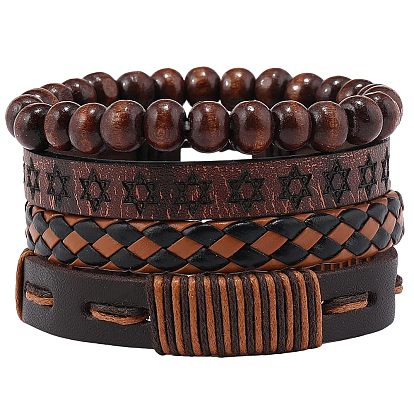 4шт 4 стили pu искусственная кожа плетеные браслеты наборы, деревянные браслеты из бисера для мужчин