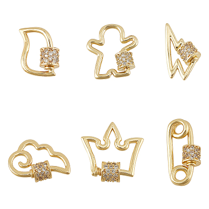 Brass Micro Pave Clear Cubic Zirconia Screw Carabiner Lock Charms, for Necklaces Making, Long-Lasting Plated, Mixed Shapes