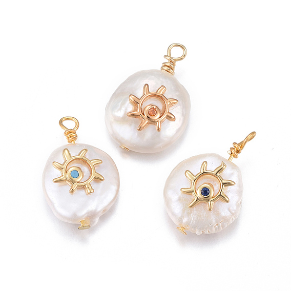 Natural Cultured Freshwater Pearl Pendants, with Brass Micro Pave Cubic Zirconia Findings, Nuggets with Sun, Golden