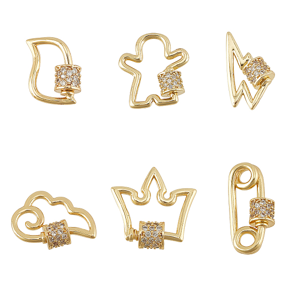 Brass Micro Pave Clear Cubic Zirconia Screw Carabiner Lock Charms, for Necklaces Making, Long-Lasting Plated, Mixed Shapes
