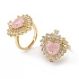 Pink Glass Heart Adjustable Ring with Cubic Zirconia, Brass Jewelry for Women