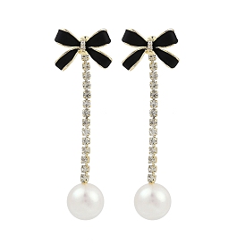 Bowknot Brass Enamel with Clear Cubic Zirconia & Plastic Imitation Pearl Dangle Stud Earrings