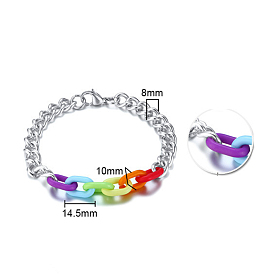 Drapeau de fierté de couleur arc-en-ciel bracelet à maillons de chaînes de câbles acryliques avec chaînes gourmettes en acier inoxydable pour femmes