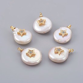Natural Cultured Freshwater Pearl Pendants, with Cubic Zirconia and Brass Findings, Long-Lasting Plated, Star, Real 18K Gold Plated