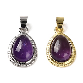 Natural Amethyst Pendants, Teardrop Charms with Rack Plating Brass Findings, Cadmium Free & Lead Free