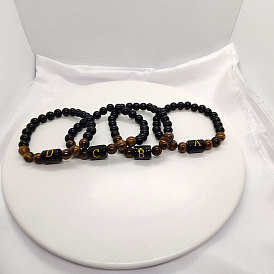 Браслеты из натурального тигрового глаза и черного обсидиана с круглыми бусинами, колонка с буквой украшения для женщин мужчин