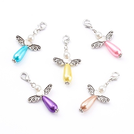Imitation pendentifs acryliques de perles, perles de coeur en argent antique, avec fermoirs pinces de homard en alliage de platine, ailes d'anges