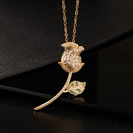 Luxury Colorful Cubic Zirconia Gold-Plated Rose Flower Necklace Pendant for Women
