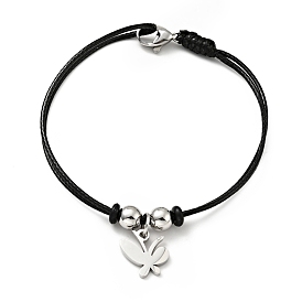 304 Stainless Steel Butterfly Charm Bracelet with Waxed Cord for Women