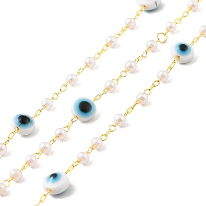 Handmade Brass Cable Chain, with Glass Pearl & Evil Eye CCB Plastic Beaded, Long-Lasting Plated, Soldered, with Spool, Golden