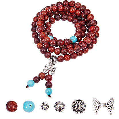 DIY Bracelet Making, with Tibetan Style Beads, Round Elastic Cord, with Fibre Outside and Rubber Inside, Natural Sandalwood Beads and Natural Howlite Beads
