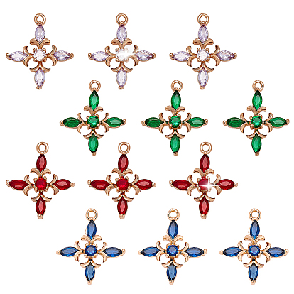 12 шт 4 цвета кулоны из латуни, микропаве, циркония, цветок