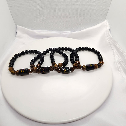 Браслеты из натурального тигрового глаза и черного обсидиана с круглыми бусинами, колонка с буквой украшения для женщин мужчин