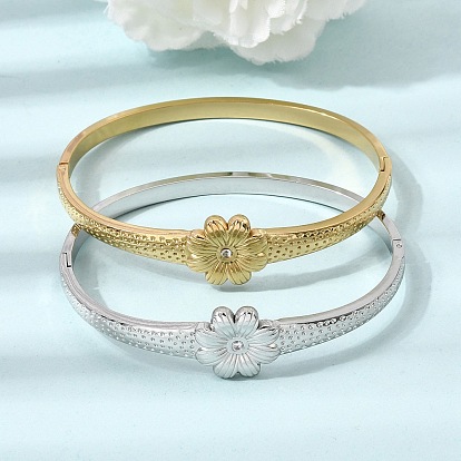 304 Bracelets manchettes articulés en acier inoxydable et strass pour femmes, fleur