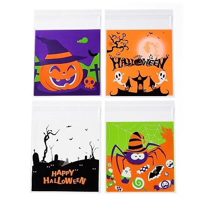 Plastic Bakeware Bag, with Self-adhesive, for Chocolate, Candy, Cookies, Square with Halloween Theme Pattern