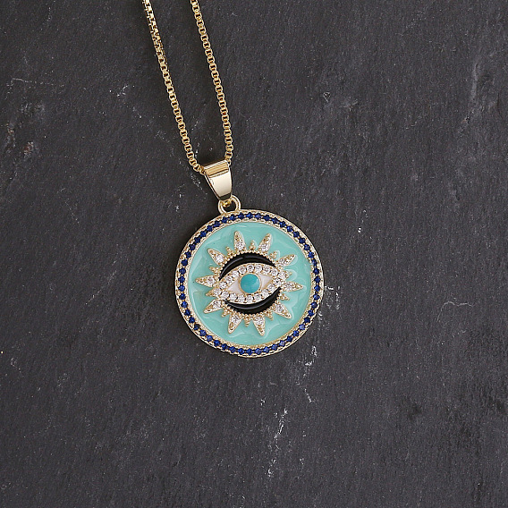 Латунные эмалевые плоские круглые подвески с дурным глазом для женщин, с синим и прозрачным кубическим цирконием, реальный 18 k позолоченный