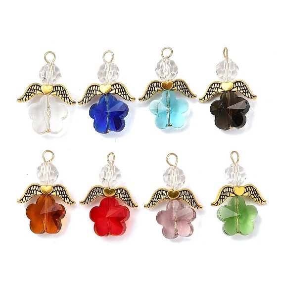 Прозрачные стеклянные подвески, цветок, с крылом из сплава и бусиной из искусственного австрийского хрусталя и 304 петлей из нержавеющей стали, граненые