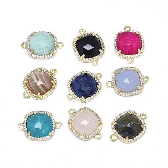 Gemstone Links/Connectors, with Golden Tone Brass Findings and Cubic Zirconia, Faceted, Square, Clear
