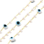 Handmade Brass Cable Chain, with Glass Pearl & Evil Eye CCB Plastic Beaded, Long-Lasting Plated, Soldered, with Spool, Golden