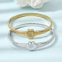 304 Stainless Steel Crystal Rhinestone Hinged Cuff Bangles for Women, Flower