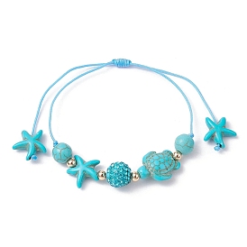 Starfish & Turtle Synthetic Turquoise(Dyed & Heated) Braided Bead Bracelets, Adjustable Polymer Clay Rhinestone Nylon Thread Bracelets for Women
