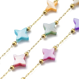 Colorful Natural Shell Star & Brass Beaded Link Chains, with Ion Plating(IP) Golden 304 Stainless Steel Paperclip Chains, Soldered, with Spool
