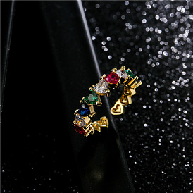Rainbow Crystal CZ Heart Ring for Women with Copper Micro Inlay and Gold Plating