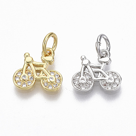 Brass Micro Pave Clear Cubic Zirconia Charms, with Jump Ring, Nickel Free, Bike