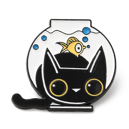 Alloy Enamel Pins, Cat with Fish Bowl/Goblet Brooches, Electrophoresis Black