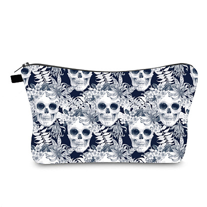Halloween Skull Pattern Polyester Waterpoof Makeup Storage Bag, Multi-functional Travel Toilet Bag, Clutch Bag with Zipper for Women