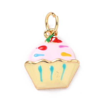 Real 18K Gold Plated Brass Charms, with Enamel and Jump Rings, Long-Lasting Plated, Cup Cake