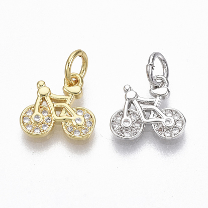 Brass Micro Pave Clear Cubic Zirconia Charms, with Jump Ring, Nickel Free, Bike
