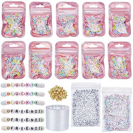 Наборы браслетов своими руками, включая бусины из полимерной глины, пластиковые бусины abs, Акриловые бусины, пластиковые сумки на молнии, плоская эластичная кристаллическая струна