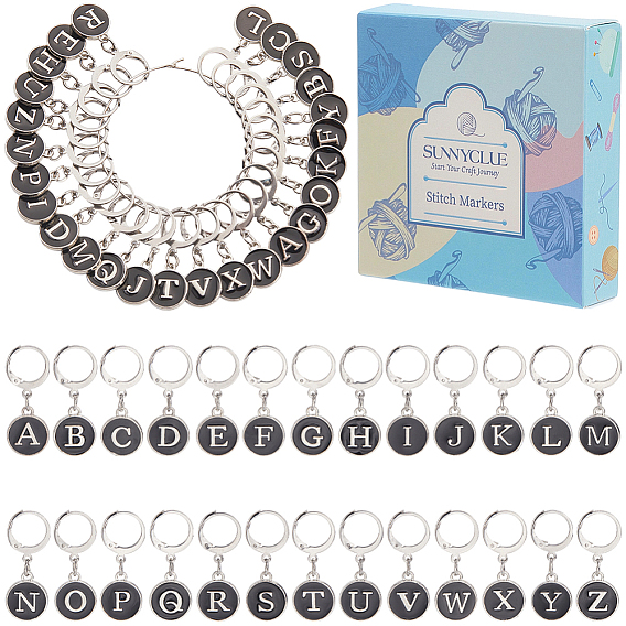 26 маркеры стежков с замком из сплава эмали, плоские круглые с буквы, с 304 серьгами из нержавеющей стали