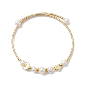 Natural Cultured Freshwater Pearl Bangle with Star Moon Brass Beads