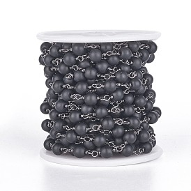 Main chaînes de perles de verre, non soudée, avec les accessoires en laiton, avec bobine, givré, ronde